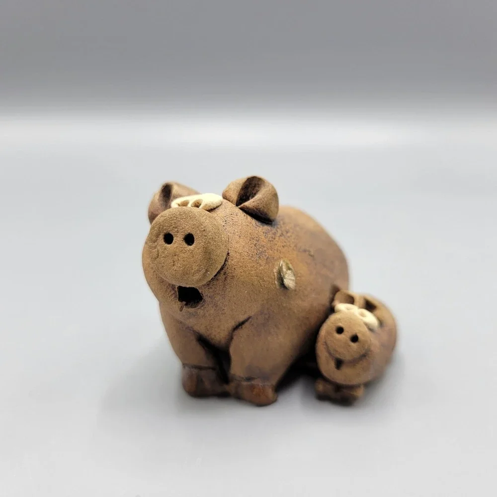 Vintage Handcrafted Clay Pig And Piglet Figurine By Clay Companions 1.5